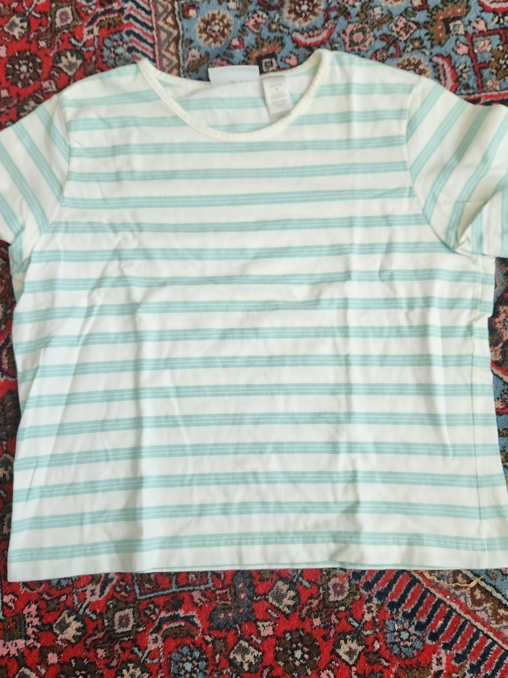 Liz Claiborne Lizsport White and Light Blue Striped Short Sleeve Tee